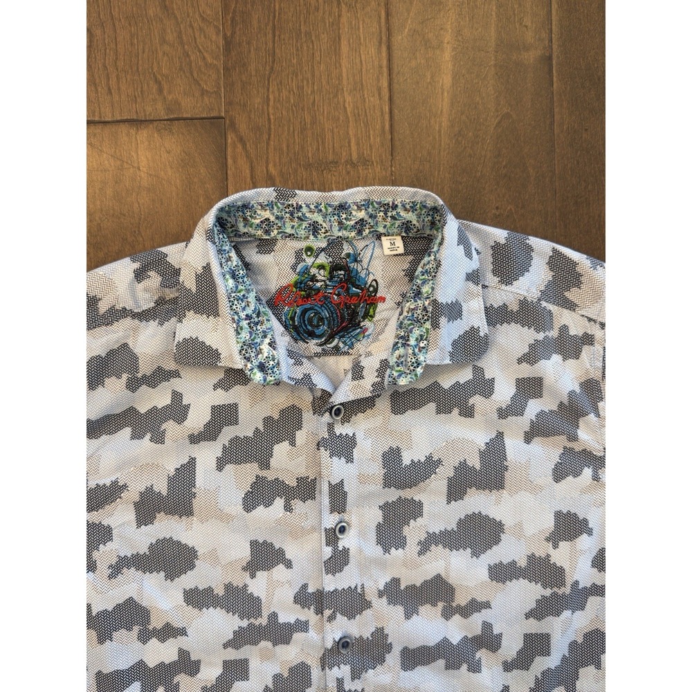 Robert Graham Button Up Shirt Men Size M Blue Camouflage Short Sleeve Embroidery